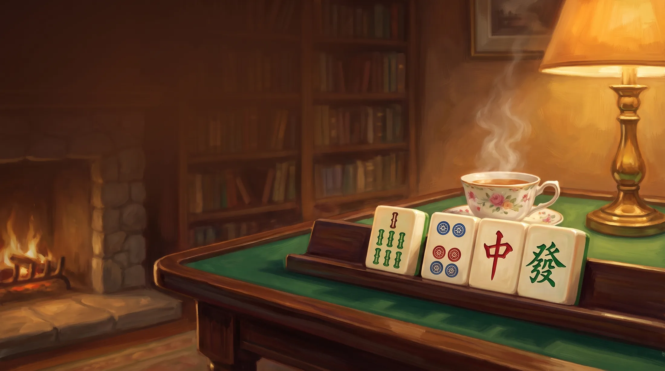 A warm candlelit parlor with a mahjong table, a steaming cup of tea, and a rack of tiles
